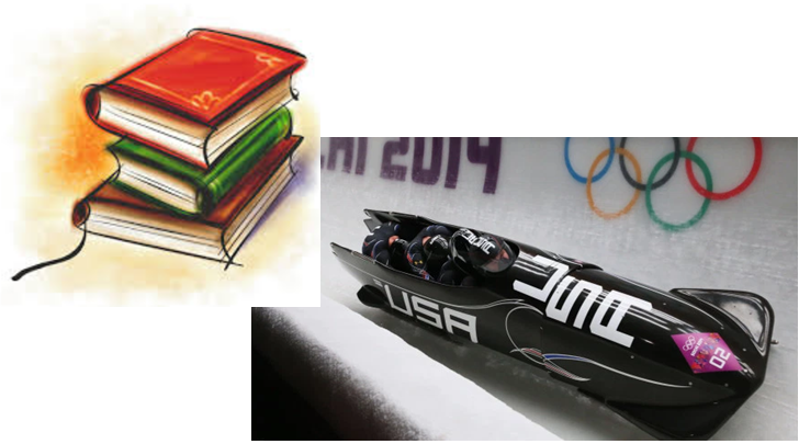 Image of books stacked and image of bobsled racing down a track