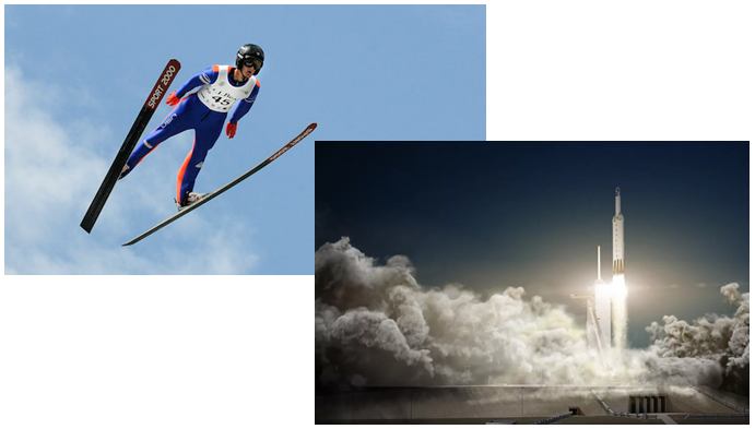 Image of Olympic ski jumper in flight and image of rocket blast off.